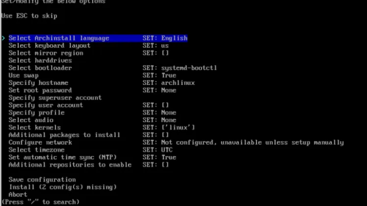 Screenshot of the Arch install script