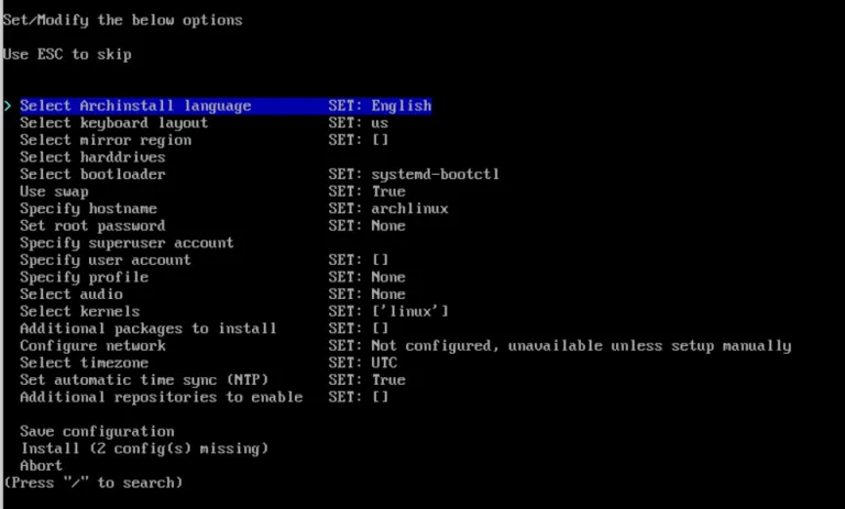 Example of the arch install menu